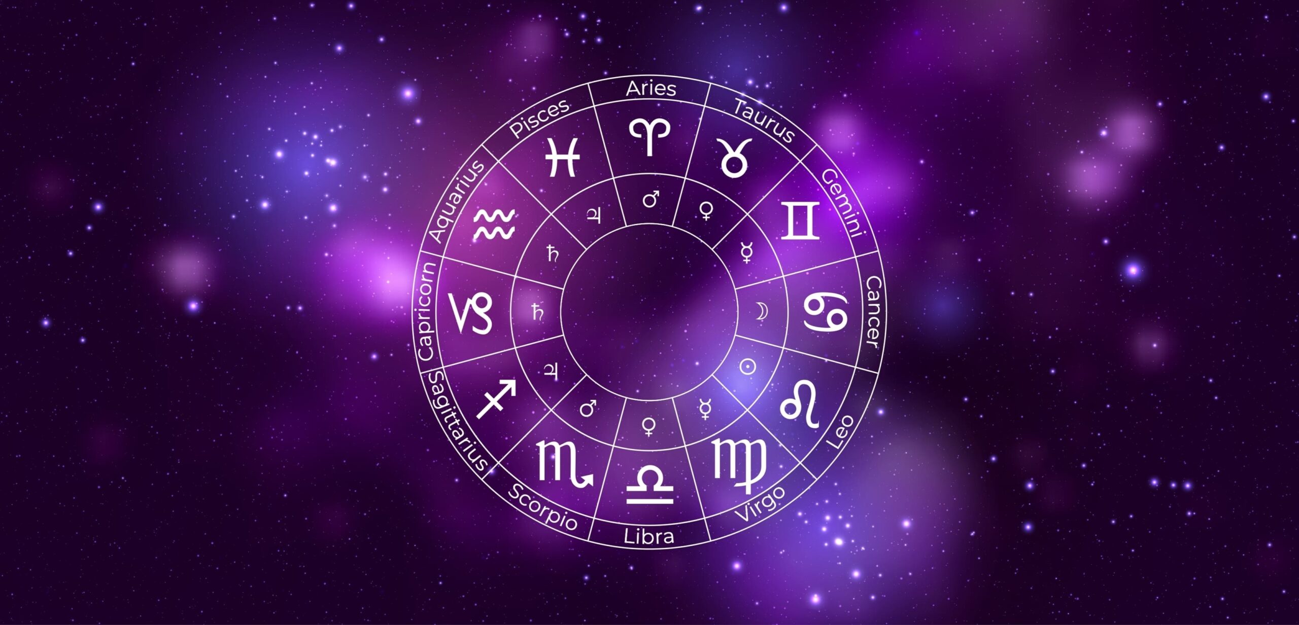 Astrološki krog z dvanajstimi znamenji horoskopa na vijoličnem zvezdnem ozadju.